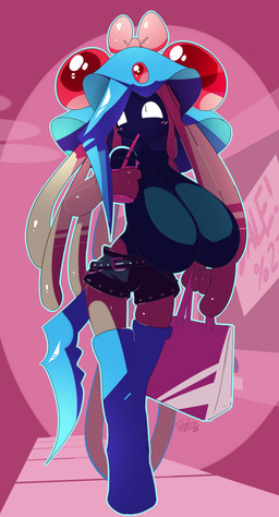 aged_up anthro beverage big_breasts blush bottomwear breasts clothed clothing container cup drinking drinking_straw female holding_beverage holding_object huge_breasts pink_bow purse shorts solo elpatrixf nintendo pokemon lolicool_(elpatrixf) aquatic generation_1_pokemon pokemon_(species) tentacruel 2026 digital_media_(artwork) hi_res