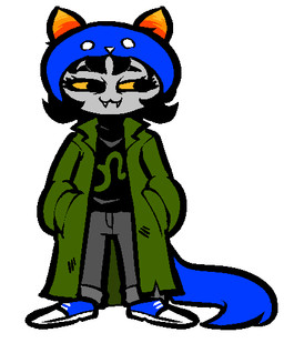 black_clothing black_hair black_shirt black_topwear blue_clothing blue_footwear blue_hat blue_headwear blue_shoes blue_tail bottomwear clothing female footwear green_clothing green_jacket green_topwear grey_body grey_bottomwear grey_clothing grey_pants grey_skin hair hat headgear headwear horn jacket pants shirt shoes solo standing tail topwear triangle_nose yellow_sclera newtype_hero homestuck ms_paint_adventures nepeta_leijon alien humanoid troll_(homestuck)