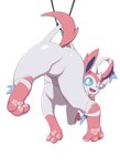 2023 ambiguous_gender blue_eyes bound butt eeveelution featureless_crotch feral fur generation_6_pokemon hi_res nintendo open_mouth open_smile pata pawpads paws pink_body pink_fur pokemon pokemon_(species) rear_view simple_background smile solo sylveon white_background white_body white_fur