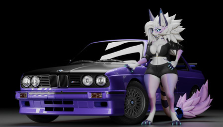 anthro big_breasts black_sclera bottomwear breasts car cleavage clothed clothing fangs female fur hand_on_hip hand_on_vehicle jacket long_tail looking_at_viewer markings multicolored_body multicolored_fur purple_markings sabertooth_(anatomy) shorts slightly_chubby smile solo standing stripes tail teeth thick_thighs topwear vehicle wide_hips zeta_(zetafrostrenders) zetafrostrenders bmw mythology canid dragon mammal mythological_creature mythological_scalie novabeast scalie 2026 blender_(artwork) blender_cycles_(artwork) digital_media_(artwork) hi_res
