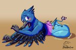 abdominal_bulge anthro anthro_prey avian_feet beak blue_body blush duo feathered_crest feathered_wings feathers feral feral_pred green_eyes head_crest larger_prey male male_pred male_prey oral_vore partially_inside paws pink_body quadruped smaller_pred stretched_mouth tail tail_tuft tuft vore wings doesnotexist gyrotech mythology aevery_(aevery) gyro_feather avian bird cardinal_(bird) galliform gryphon indigo_bunting mythological_avian mythological_creature oscine passerina passerine peafowl phasianid 3:2 hi_res