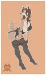 anthro border bra breasts brown_hair clothing eyewear female fur garter_belt garter_straps glasses hair legwear nipples panties simple_background solo stockings tan_body tan_fur underwear undressing white_border rudethefox deer mammal hi_res