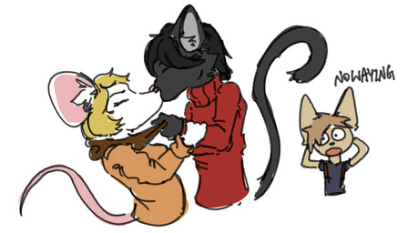 anthro anthro_on_anthro anthrofied black_body black_fur black_hair blonde_hair breasts clothed clothed_anthro clothed_female clothed_male clothing duo_focus eyes_closed female female/female female_anthro fur group hair inner_ear_fluff kissing lesbian_thoughts male male_anthro monotone_body monotone_fur orange_clothing orange_sweater orange_topwear red_clothing red_sweater red_topwear simple_background sweater tail topwear trio tuft white_background white_body white_fur athenaserval capcom resident_evil ada_wong ashley_graham leon_kennedy moushley domestic_cat felid feline felis mammal mouse murid murine rodent 2025 colored_sketch digital_drawing_(artwork) digital_media_(artwork) hi_res sketch
