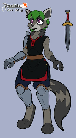 anthro armor clothed clothing fur hair male melee_weapon solo sword tail weapon arashidrgn mammal procyonid raccoon 2026 absurd_res hi_res model_sheet