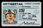 anthro blush clothing countershading driver's_license hair_through_hat male solo text tongue tongue_out mytigertail gabe_(mytigertail) felid mammal pantherine tiger 2020 alpha_channel english_text