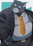 anthro belly big_belly bottomwear clothing kemono male necktie overweight overweight_male pants shirt simple_background solo topwear trail_arnak domestic_cat felid feline felis mammal 2024 hi_res