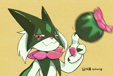 3_fingers ambiguous_anthro ambiguous_gender anthro blurred_foreground cjk_character fingers front_view fur green_body green_fur half-closed_eyes looking_at_viewer narrowed_eyes pink_eyes simple_background smile smiling_at_viewer smirk smirking_at_viewer smug smug_face solo throwing throwing_object yellow_background hydrowing eminem_throw nintendo pokemon generation_9_pokemon meowscarada pokemon_(species) meme portrait signature