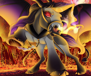 detailed_background female feral fur hell horn lava multicolored_body multicolored_fur onyxistra_(mrub) possession red_sclera solo wings ripleyness clydesdale demon draft_horse equid equine horse mammal hi_res
