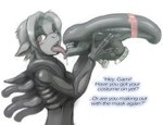 anthro blush bodily_fluids clothing cosplay costume dialogue dripping hair licking long_tongue looking_at_viewer male open_mouth saliva saliva_drip side_view solo text tongue tongue_out dark_nek0gami alien_(franchise) gami_cross alien grei xenomorph 2014 english_text