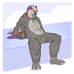 anthro bottomwear clothing diaper ear_flop footwear fur grey_bottomwear grey_clothing grey_footwear grey_onesie grey_socks grey_topwear hair male multicolored_body multicolored_fur object_in_mouth onesie pacifier pacifier_in_mouth plushie purple_body purple_fur purple_hands sitting socks solo tan_body tan_fur tan_hair three-quarter_view topwear two_tone_body two_tone_fur tennettthedl tennet canid canine canis domestic_dog mammal 1:1 2023 hi_res