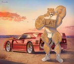 anthro biceps big_muscles bulge car clothing desert detailed_bulge flat_tire footwear hand_behind_back hitchhiking holding_object holding_sign huge_muscles male mostly_nude muscular muscular_calves muscular_male open_mouth quads shoes sign solo standing underwear vehicle purrcules_(artist) ferrari_f40 benji_(mainlion) felid hybrid liger mammal pantherine hi_res