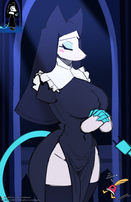 anthro big_breasts breasts clothing eyelashes eyes_closed female headdress legwear nun nun_outfit solo thigh_highs white_body wide_hips lyorenth-the-dragon deltarune undertale_(series) tasque_manager tasque_manager_(nun) darkner felid feline felis mammal 2026 hi_res