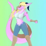 anthro blind blonde_hair breasts disability electronics female hair headgear headphones headset horn non-mammal_breasts solo tail miqu mythology spots_(character) dragon mythological_creature mythological_scalie scalie 1:1 hi_res