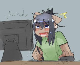 anthro blush computer computer_screen electronics female open_mouth solo peruri domestic_cat felid feline felis mammal 2015 reaction_image
