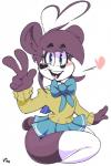 anthro black_hair blue_eyes blush bottomwear clothed clothing female gesture hair hand_gesture heart_symbol legwear looking_at_viewer school_uniform simple_background skirt smile solo uniform v_sign white_background vimhomeless ken_ashcorp kenny_(kenashcorp) bear giant_panda mammal 2018 hi_res