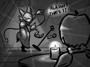 ambiguous_gender ambiguous_human anthro candle candlelight clothed clothing dress duo electronics feet female fingers flat_chested floating_hands fur furniture hair holding_object light looking_at_viewer machine microphone microphone_stand narrowed_eyes rear_view shirt singing stage standing table text topwear advos deltarune undertale_(series) kris_dreemurr tasque_manager darkner felid feline human mammal robot 2022 4:3 digital_media_(artwork) english_text monochrome