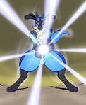 anthro aura aura_sphere blue_body blue_fur chest_tuft cupping front_view fur looking_at_viewer male raised_tail solo spikes spread_legs spreading tail tuft reagan700 nintendo pokemon generation_4_pokemon lucario pokemon_(species) 2022 hi_res