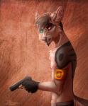 anthro clothed clothing facial_hair fingerless_gloves fur gloves goatee gun hair handgun handwear looking_at_viewer male pistol ranged_weapon simple_background solo topless weapon hitmore canid canine mammal hi_res