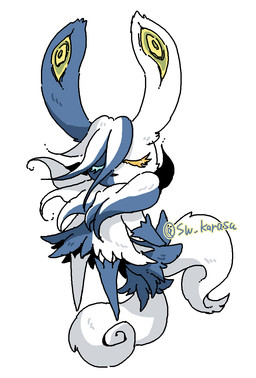 2_tails 4_eyes ambiguous_gender anthro bilateral_gynandromorphism ear_eyes eyes_closed floating floppy_ears genetic_chimerism heterochromia lop_ears mane multi_eye multi_tail multicolored_body pseudo_clothing simple_background solo tail two_tone_body unusual_anatomy unusual_eye_placement white_background sw_karasu nintendo pokemon pokemon_legends_z-a generation_9_pokemon mega_evolution mega_meowstic pokemon_(species) 2026 hi_res japanese_description signature