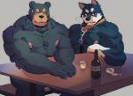 alcohol anthro beverage blush body_hair breathing chest_hair collar duo furniture male muscular muscular_male nipples picnic_table table ashendawger patient_bear bear canid canine canis domestic_dog mammal 11:8 2019 hi_res meme