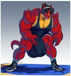 anthro armor balls_outline biceps big_bulge biped black_hair border bulge clothing countershade_skin countershading detailed_bulge feet footwear genital_outline hair headgear helmet huge_bulge hyper hyper_bulge looking_away male male_anthro markings muscular muscular_male paws pecs penis_outline plantigrade red_body red_skin shoes simple_background sneakers socks solo tail topwear white_border wrestling_singlet yellow_body yellow_countershading yellow_markings boosterpang mythology big-red_(character) dragon mythological_creature mythological_scalie scalie 2020 digital_drawing_(artwork) digital_media_(artwork)