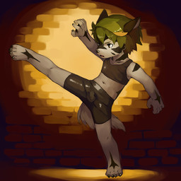 anthro bottomwear bulge clothing kick male midriff shorts shota solo young young_anthro umani harvic canid canine canis mammal wolf 1:1 2015 hi_res