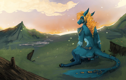 anthro balls detailed_background flaccid fur genitals grass hair looking_at_viewer looking_back looking_back_at_viewer male male_anthro mane nude nude_anthro nude_male orange_body orange_fur orange_hair outside penis pink_penis plant rear_view red_eyes sitting solo tail teal_body teal_fur i-psilone mythology underscore_(character) dragon mythological_creature mythological_scalie scalie 2021 hi_res