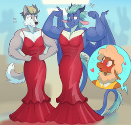 abs anthro back_wings blue_body blue_highlights blue_scales blush blush_lines brown_body brown_fur brown_highlights clothed clothing crossdressing curly_hair curved_horn dress femboy flexing flexing_bicep flexing_both_biceps fur green_hair grey_body grey_fur grey_hair group hair half-closed_eyes highlights_(coloring) horn male membrane_(anatomy) membranous_wings muscle_tone muscular muscular_anthro muscular_male narrowed_eyes pecs scales smile smirk smug smug_face tail tail_tuft tan_hair tight_clothing trio tuft white_body white_fur wide_eyed wings heresvix mythology dani_(heresvix) henri_(heresvix) vallon bovid canid canine canis caprine dragon mammal mythological_creature mythological_scalie scalie sheep wolf hi_res