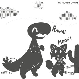 ambiguous_gender cactus cloud duo eyes_closed fangs featureless_crotch feral fur happy meow open_mouth plant roaring size_difference tail teeth sarent_stuff google google_chrome nintendo pokemon dinosaur_(google_chrome) dinosaur felid feline generation_9_pokemon mammal pokemon_(species) prehistoric_species reptile scalie sprigatito 1:1 2026 hi_res monochrome