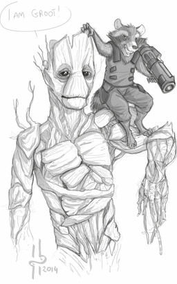 anthro barefoot carrying_another clothed clothing duo feet front_view grin holding_object holding_weapon looking_at_viewer male male_anthro mouth_closed on_shoulder simple_background slim_anthro slim_male smile speech_bubble text weapon hufnaar guardians_of_the_galaxy marvel groot rocket_raccoon 2014 5:8 dated english_text hi_res monochrome sketch
