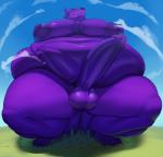 anthro balls breasts city crouching fur genitals gynomorph humanoid_genitalia humanoid_penis intersex macro nipples overweight overweight_anthro overweight_gynomorph overweight_intersex penis purple_body purple_fur sky solo justmegabenewell kastral canid canine canis mammal wolf hi_res