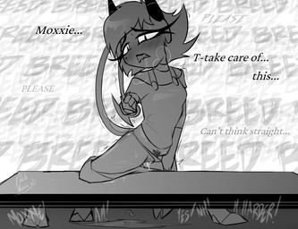 2_horns 4_fingers aroused bite biting_lip biting_own_lip black_text bodily_fluids bottomwear bottomwear_down breath clothed clothing clothing_aside cloven_hooves drooling eyelashes female female_humanoid fingers genital_fluids grey_text hair holding_tail hooves horn in_heat long_eyelashes markings moan mole_(marking) not_furry offscreen_sex panties panties_aside pants pants_down partially_clothed pubes pupils repeated_internal_monologue requesting saliva saliva_on_face self_bite sex_request shaking shirt short_hair slit_pupils solo spade_tail stuttering sweat sweaty_face tail teeth text topwear trembling underwear underwear_aside undressing vaginal_fluid_string vaginal_fluids potatonebula hellaverse helluva_boss millie_(helluva_boss) moxxie_(helluva_boss) demon demon_humanoid humanoid imp 2025 english_text greyscale monochrome sequence signature