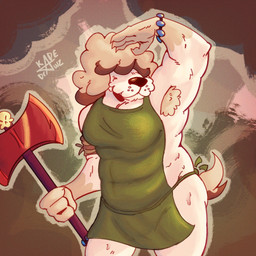 anthro armpit_focus armpit_hair axe bodily_fluids body_hair clothing covered_eyes female holding_axe holding_object holding_weapon musclegut muscular overweight overweight_female solo strong_female sweat sweatdrop sweaty_body tight_clothing weapon kadedrawz crystal_(puppy_guard) canid canine mammal 1:1