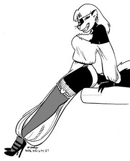 anthro breasts clothed clothed_female clothing female footwear fur grin hair high_heels looking_at_viewer shoes smile solo tail whiskers tegerio zandar's_saga kelly_o'dor mammal mephitid skunk 2026 greyscale hi_res monochrome