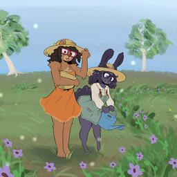 alternative_fashion anthro barefoot breasts brown_body brown_eyes brown_fur brown_hair clothing country_lolita dress duo eyewear feet female flower fur glasses grass hair hat headgear headwear holding_object holding_watering_can j-fashion lolita_(fashion) looking_at_viewer outside plant purple_body purple_eyes purple_fur purple_hair smile standing straw_hat tail tongue tongue_out tree watering_can cinnamimi april_(eerieviolet) samantha_(cinnamimi) bear lagomorph leporid mammal rabbit 1:1 2024 digital_media_(artwork) hi_res