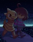 ambiguous_gender blue_clothing blue_shirt blue_topwear brown_eyes clothing duo eyes_closed open_mouth open_smile red_scarf scarf shirt simple_background smile teeth topwear walking walking_together yellow_body yellow_clothing yellow_shirt yellow_topwear usv02 undertale undertale_(series) frisk_(undertale) monster_kid human humanoid mammal