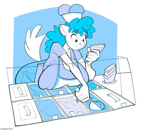 5_fingers anthro apron big_breasts blue_bottomwear blue_clothing blue_hair blue_pants bottomwear breasts clothing dessert female fingers food fur furry_tail glass hair hat headgear headwear holding_food holding_ice_cream_cone holding_object huge_breasts ice_cream ice_cream_cone ice_cream_parlor long_hair pants purple_clothing purple_shirt purple_topwear shirt smile snout solo tail text topwear white_body white_fur ducky_(artist) domestic_cat felid feline felis mammal 2023 flat_colors hi_res signature url
