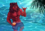 abs animal_ears anthro beard beverage blue_bottomwear blue_clothing body_hair bottomwear chest_hair claws clothed clothing detailed_background dreadlocks eye_scar facial_hair facial_scar fur hair half_submerged light looking_at_viewer looking_up male muscular muscular_anthro muscular_male nipples pecs red_body red_fur red_hair scar smile snout solo sunlight swimming_trunks swimwear topless yellow_eyes ronnie_amnesiac alexander_(mash) felid lion mammal pantherine 2024 digital_drawing_(artwork) digital_media_(artwork) hi_res watermark