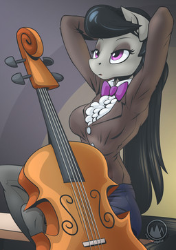 anthro anthrofied black_hair bottomwear bow_tie bowed_string_instrument cello clothing female grey_body hair hands_behind_head long_hair musical_instrument open_mouth purple_eyes skirt solo string_instrument mysticalpha friendship_is_magic hasbro my_little_pony octavia_(mlp) earth_pony equid equine horse mammal pony 2022 digital_media_(artwork) hi_res signature