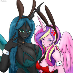 angry back_wings big_breasts black_body black_skin blonde_highlights blue_hair blush blush_lines breast_size_difference breasts bunny_costume clothing costume cross-popping_vein duo eyeshadow fake_ears female gesture green_eyes green_eyeshadow hair hand_gesture highlights_(coloring) horn huge_breasts long_hair looking_at_viewer makeup middle_finger multicolored_hair pink_body pink_hair pink_skin pupils purple_eyes purple_eyeshadow purple_hair red_clothing simple_background slit_pupils smile teal_clothing text twitter_handle two_fingers_up white_background wings thegiftedfire equestria_girls friendship_is_magic hasbro my_little_pony mythology princess_cadance_(eg) princess_cadance_(mlp) queen_chrysalis_(eg) queen_chrysalis_(mlp) equid equine horned_humanoid humanoid mammal mythological_creature mythological_equine winged_humanoid winged_unicorn winged_unicorn_humanoid 2025 absurd_res alternate_version_at_source artist_name hi_res