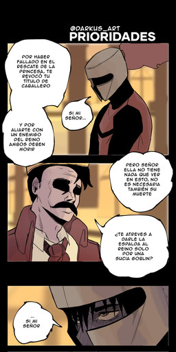 armor black_border black_hair blurred_background border brown_clothing brown_jacket brown_necktie brown_topwear clothing duo facial_hair hair headgear helmet jacket knight male mustache necktie not_furry shadowed_eyes shadowed_face speech_bubble text topwear warrior darkus_art human mammal comic hi_res spanish_text translation_request