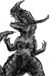 ambiguous_gender claws horn markings roaring simple_background solo tail teeth white_background virus-91 bandai_namco digimon digimon_(species) dinosaur greymon prehistoric_species reptile scalie theropod 3:4 greyscale monochrome sketch