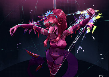 accessory anthro arm_tattoo armwear belly_tattoo biped blood bodily_fluids bra claws clothing elbow_gloves eyebrows feathers female gloves green_eyes hair hair_accessory handwear legwear long_hair long_tail navel nosebleed open_mouth open_smile orange_body panties pole pupils red_body red_bra red_clothing red_feathers red_gloves red_hair red_handwear red_legwear red_thigh_highs red_underwear sharp_teeth side_eye smile solo stripper_pole substance_intoxication tail tattoo teeth thigh_highs underwear rehikir cavemanon_studios volcaldera_ashfall ashley_(volcaldera_ashfall) dinosaur dromaeosaurid prehistoric_species reptile saurischian scalie theropod colorful_theme digital_media_(artwork) hi_res watermark