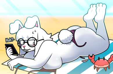 anthro beach bikini clothing electronics eyewear female fur glasses phone solo swimwear text two-piece_swimsuit white_body white_fur lornalla bnuyu_(lornalla) arthropod crab crustacean decapod lagomorph malacostracan mammal tagme