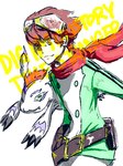 belt brown_hair claws duo eyewear eyewear_on_head feral fur goggles goggles_on_head green_eyes hair male red_hair scarf smile smirk white_body white_fur knint bandai_namco digimon digimon_story:_time_stranger digimon_(species) gomamon human mammal 3:4