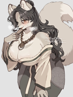 amber_eyes anthro asian_clothing big_breasts black_hair blush bottomwear breasts breath cleavage clothed clothing east_asian_clothing female fur grey_body grey_fur hair japanese_clothing jewelry kemono kimono leaning leaning_forward lips long_hair necklace off_shoulder pants pink_lips smile solo 115meg canid canine mammal 3:4 absurd_res hi_res