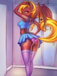 anthro bottomwear clothed clothing clothing_lift female skirt skirt_lift solo tail tail_under_skirt underwear wings yellow_eyes prisma6 hasbro my_little_pony fan_character equid equine mammal hi_res