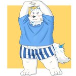 anthro black_nose blush clothing kemono male overweight overweight_male shirt simple_background solo stretching topwear underwear yaki_atsuage lifewonders live_a_hero yohack canid canine canis domestic_dog mammal 1:1 2024 hi_res