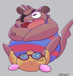 anthro bodily_fluids chibi duo eye_patch eyewear lying male open_mouth overweight overweight_male simple_background sitting sitting_on_another sweat tattoo negigi gamba_no_bouken gamba_no_bouken_(series) gakusha yoisho mammal mouse murid murine rodent 2018