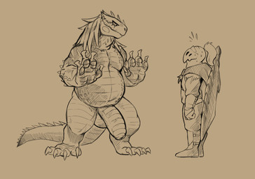 4_fingers 4_toes ambiguous_gender anjanath_armor armor balls belly big_penis biped claws clothed clothing duo feet fingers flaccid foreskin genitals humanoid_genitalia humanoid_penis looking_at_another male male/ambiguous melee_weapon musclegut muscular nude overweight pecs penis simple_background standing sword thick_penis toe_claws toes unretracted_foreskin weapon daftpatriot capcom monster_hunter fanged_wyvern great_jagras human mammal scalie 2017 digital_media_(artwork) sketch